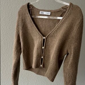 Zara Women's Cropped Tan cardigan pearl Sweater